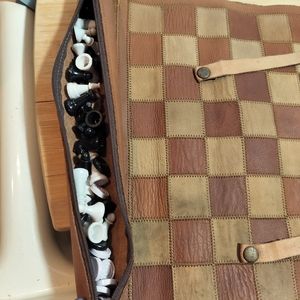 Vintage leather zippered roll up chess/checker board & pieces